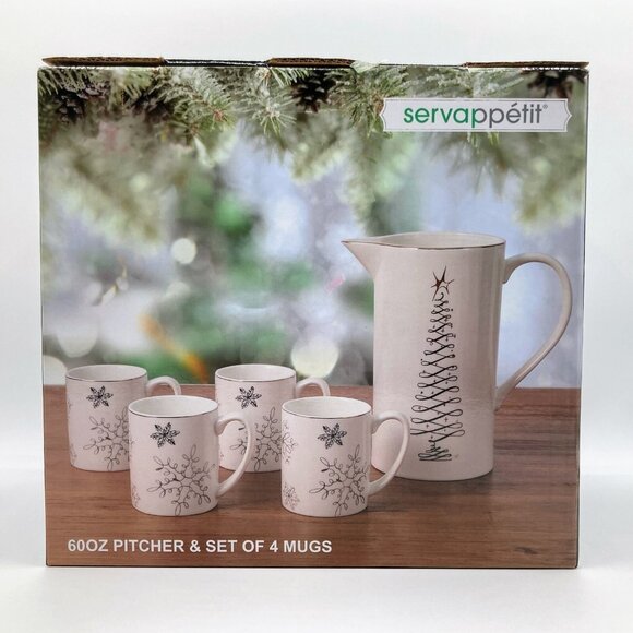 Servappetit Elegant Holiday Xmas Tree Snowflake Design 60oz Pitcher & 4 Mug Set - Picture 5 of 5